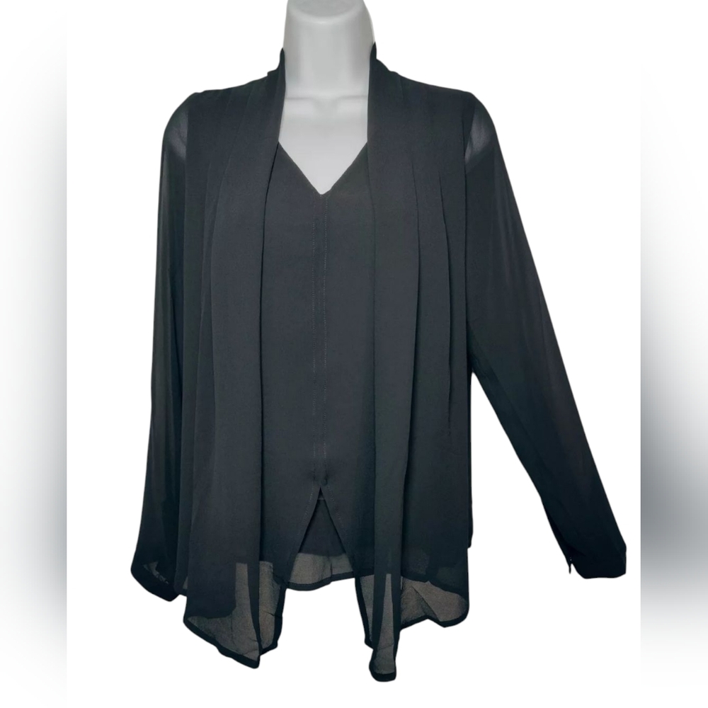 Naked Zebra Black Long-Sleeve Pullover Blouse W Faux Cardigan & Sheer Sleeves S